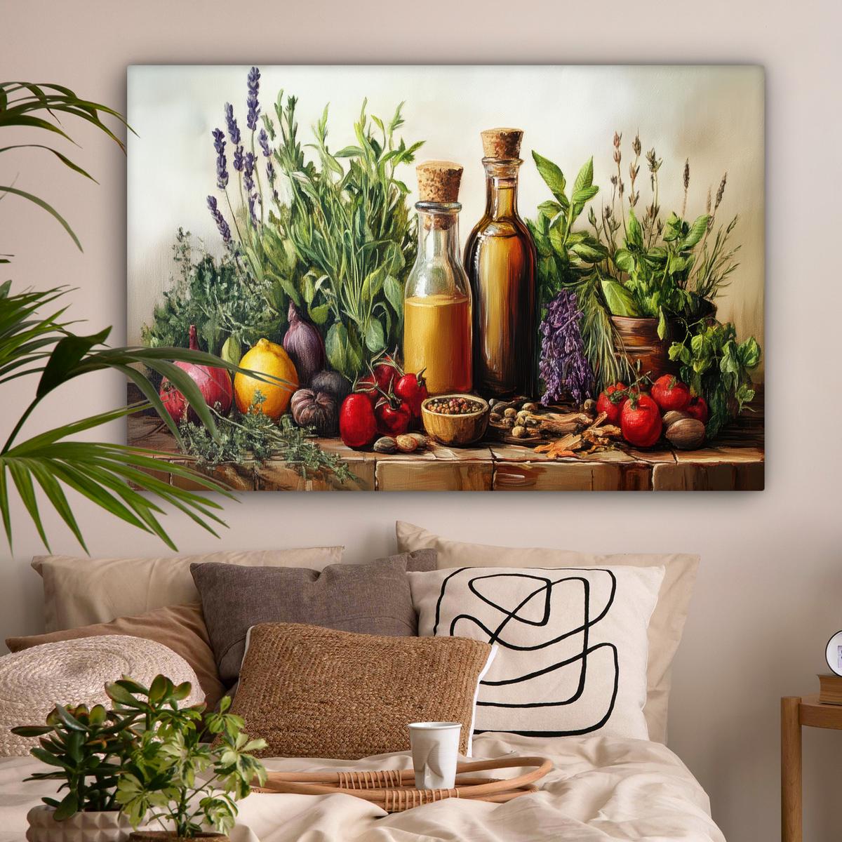 LEINWANDBILD Stilleben - Kräuter - Gewürze - Früchte - Farbenfroh Wohnzimmer Groß 120x80 cm - Grün, Textil (120/80cm) - MuchoWow