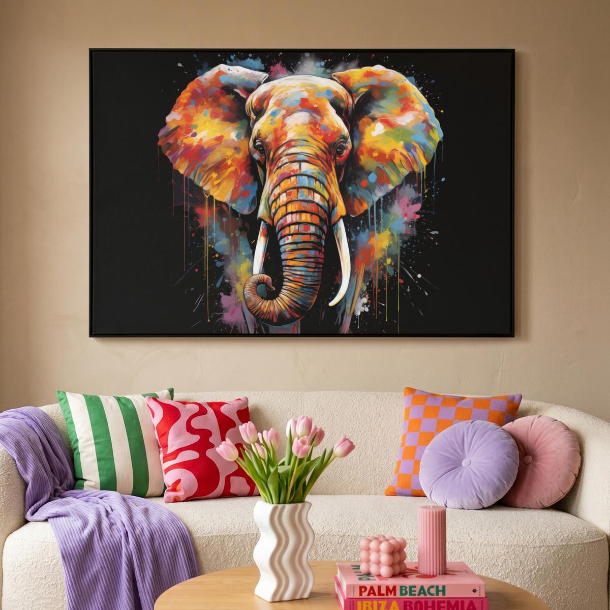 LEINWAND Bilder mit Rahmen - Elefant - Graffiti - Schwarz - Tiere - Farben - 120x80 - Schwarz, Textil (120/80cm) - MuchoWow