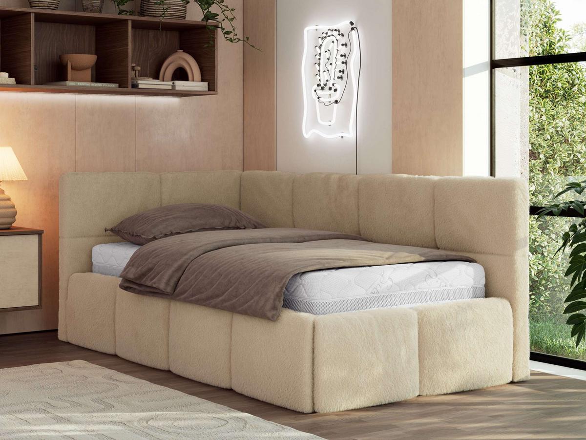 JUGENDBETT ARVO 90/200 - Beige Plüsch - ohne Matratze - Links Seite - Beige, Textil (90/200cm) - MKS