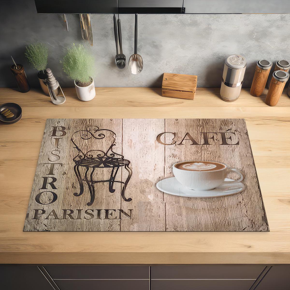HERDABDECKPLATTE Bistro Parisien - Café - Kaffee - Jahrgang Induktionsschutz 80x52.2 cm - Cappuccino, Kunststoff (80.2/52.2/0.2cm) - MuchoWow