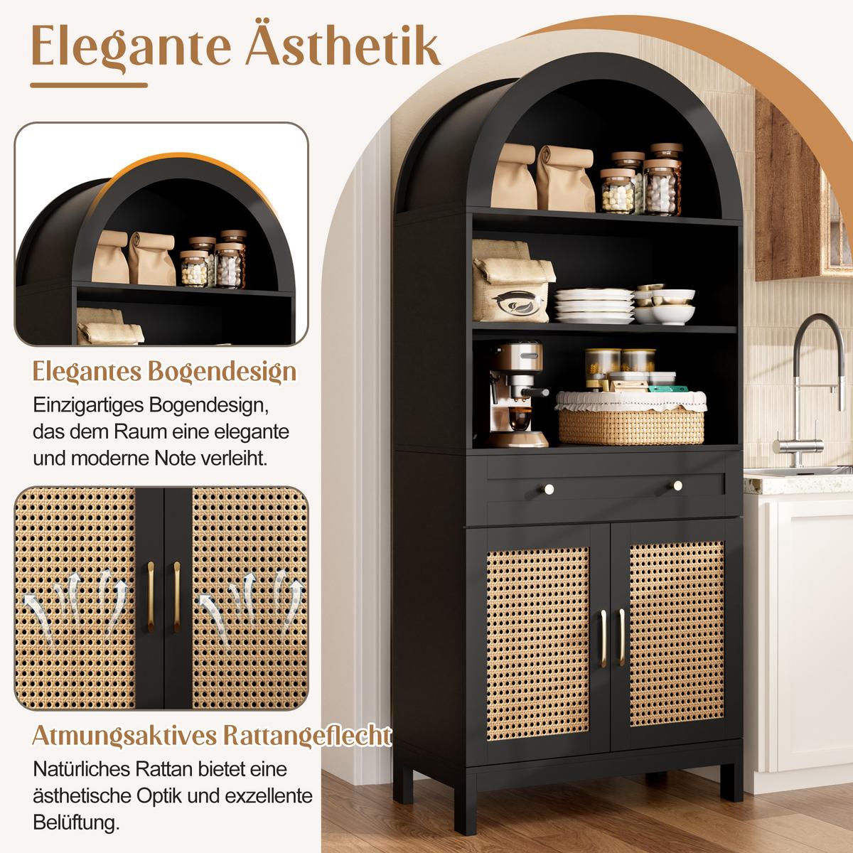 VITRINEN Gewölbt Schwarz & Natur mit Rattantüren & Schublade - Schwarz, Holzwerkstoff (70/170/40cm) - Urban Meuble