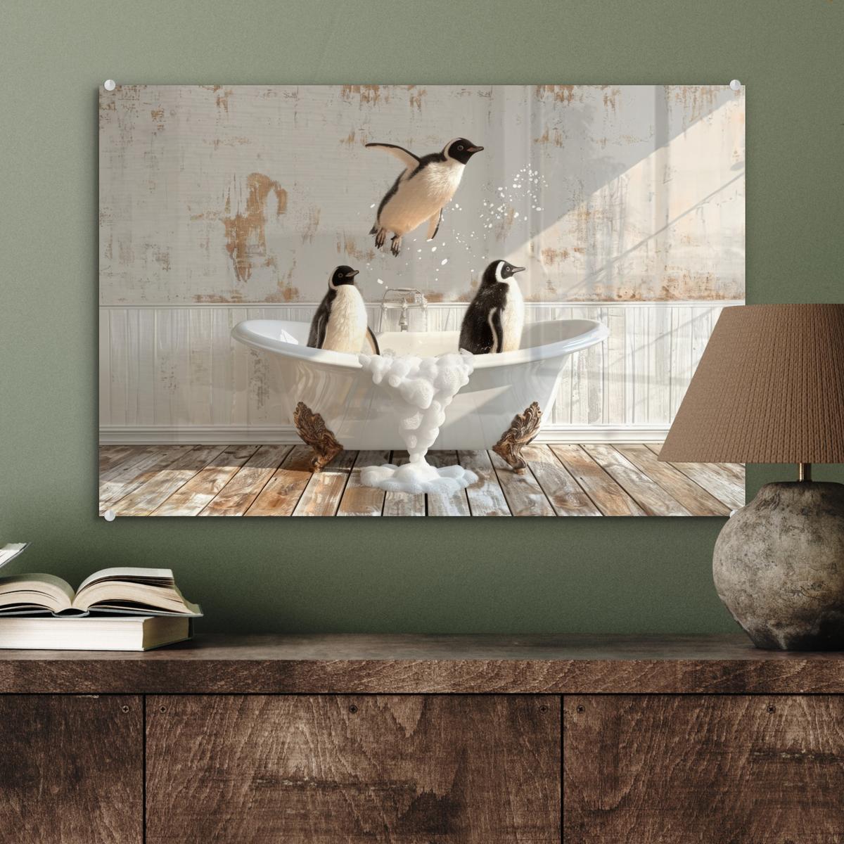 ACRYLGLASBILD Vintage - Pinguin - Badewanne - Schaumstoff Wanddeko 60x40 cm - Schwarz, Glas (60/40cm) - MuchoWow