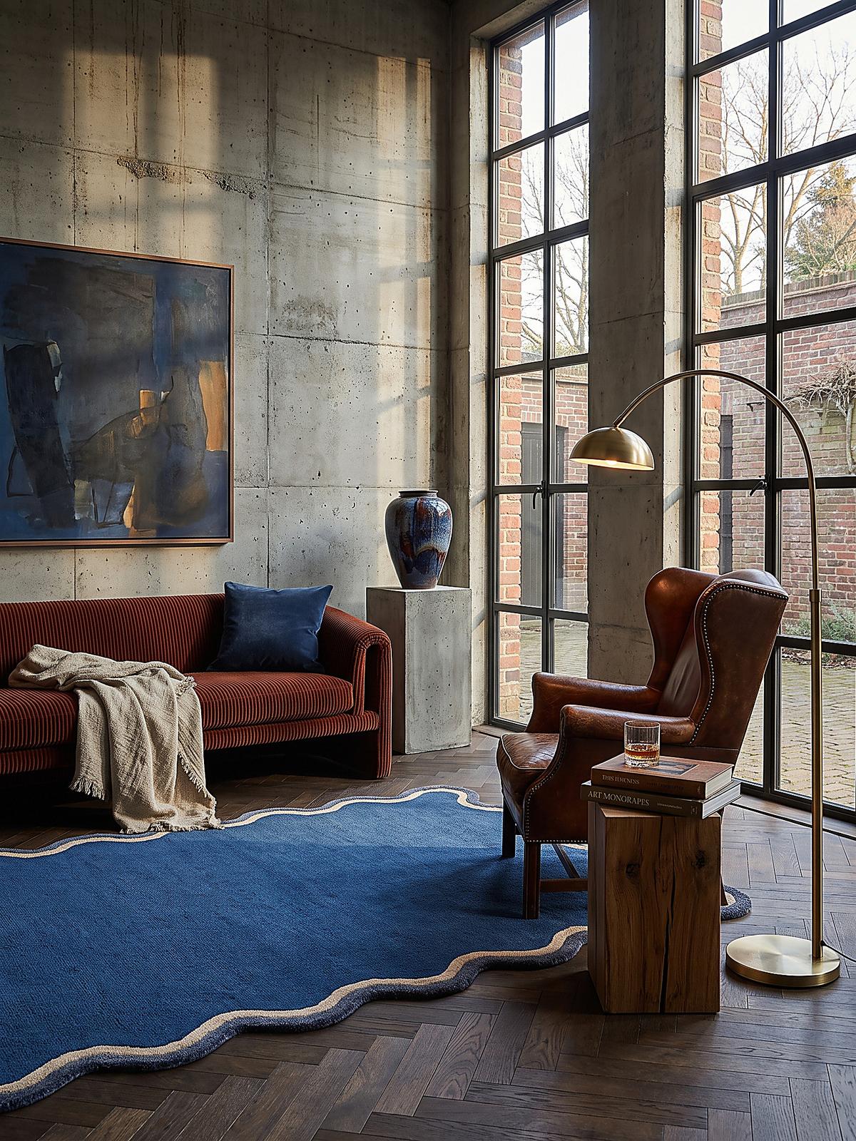 TEPPICH aus Wolle, handgetuftet, ALHAM, in Marineblau, Wellenbordüre, 160 x 230 cm - Blau, Textil (160/230cm) - KADIMA DESIGN