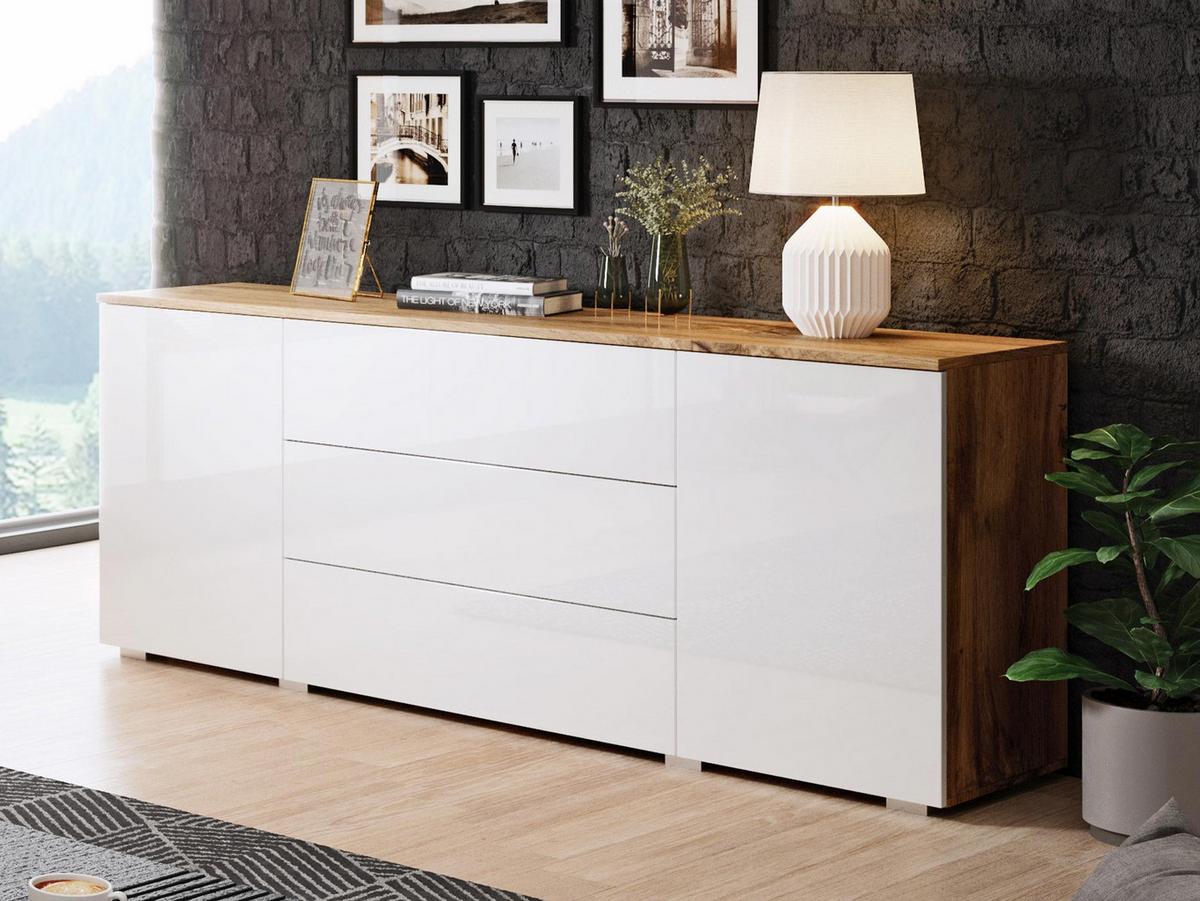 KOMMODE Paris 150 - Weiß Hochglanz/Eiche Wotan, Holzwerkstoff (150/68/39cm) - MIRJAN24