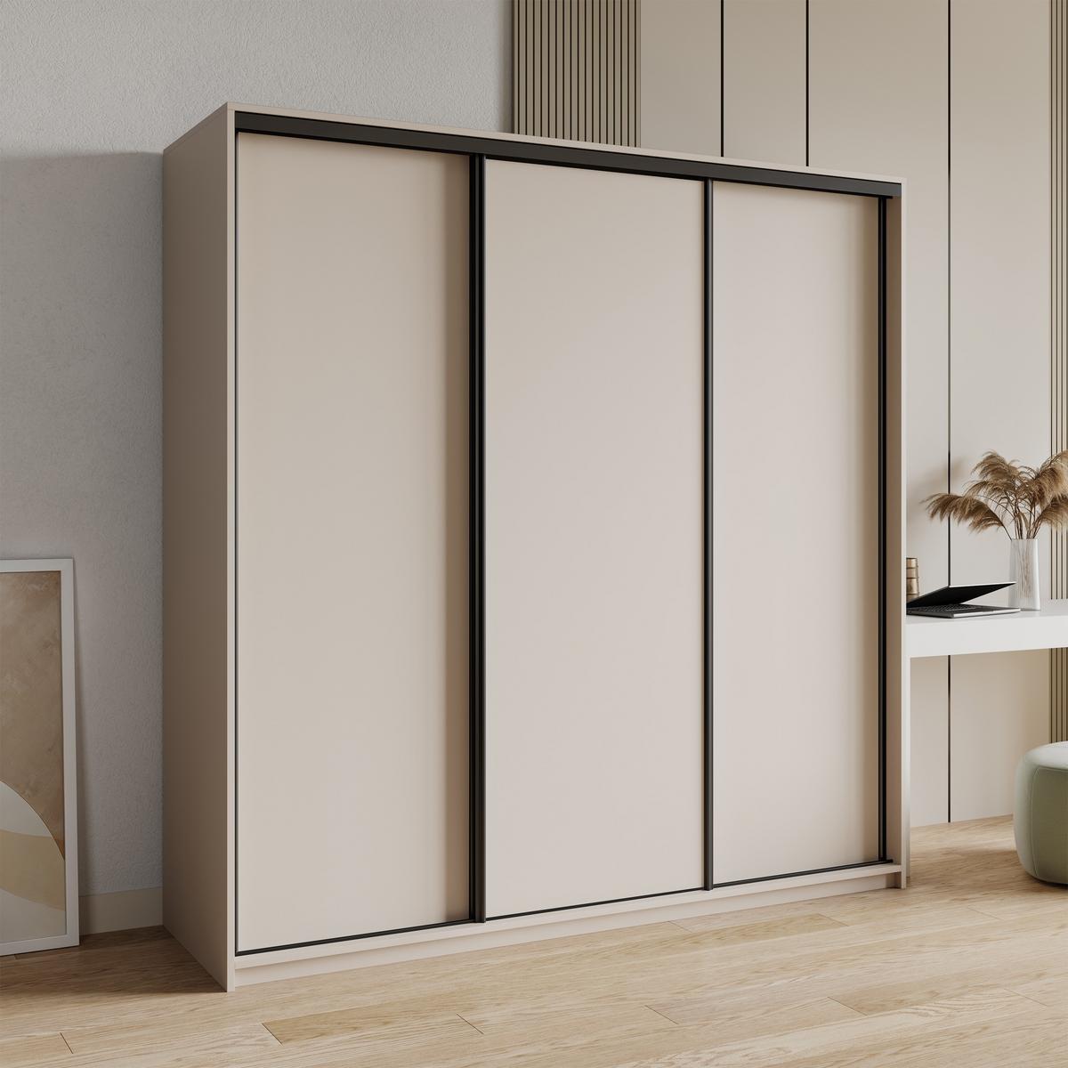 SCHWEBETÜRENSCHRANK NISSE 180/205/60 cm 3-türig mit Schubladen Kaschmir - Kaschmir/Schwarz, Holzwerkstoff (180/205/60cm) - MASSENO