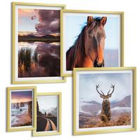 BILDER SET 5er Set - 50x50 cm & 20x30 cm & 40x60 cm Goldrahmen - Berglandschaften, Rentiere, Pferdestraße - Goldfarben, Kunststoff (40/60cm) - TULUP