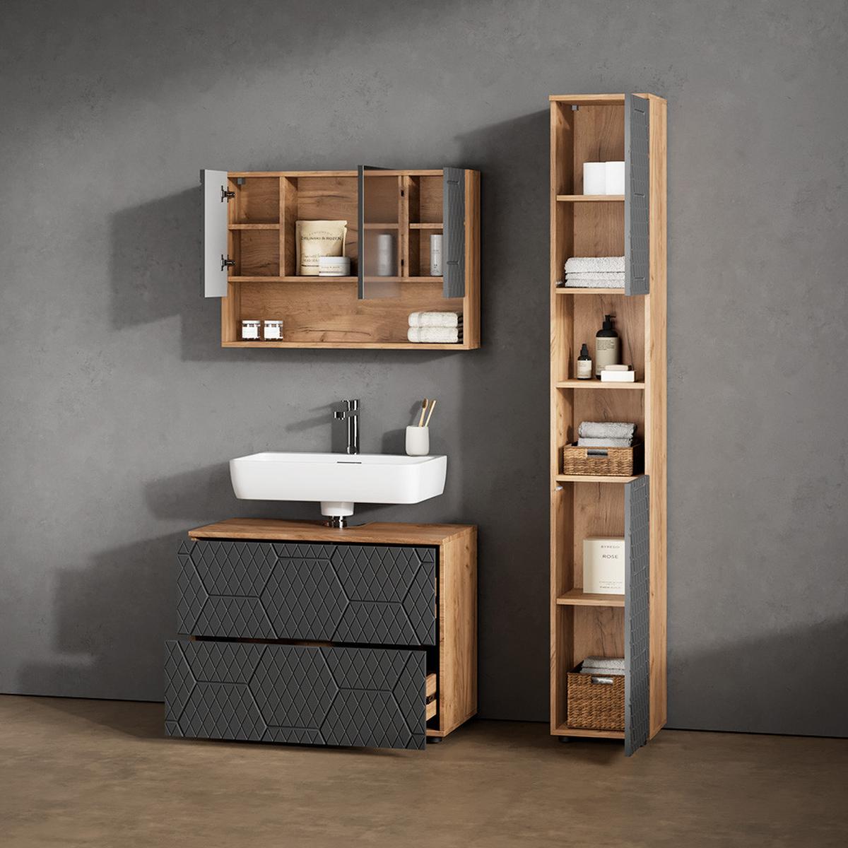 BADSPIEGELSCHRANK Ronco Anthrazit mit Wabenstruktur 80 x 55 cm - Anthrazit/Eiche Wotan, Holzwerkstoff (80/55/17cm) - Livinity®