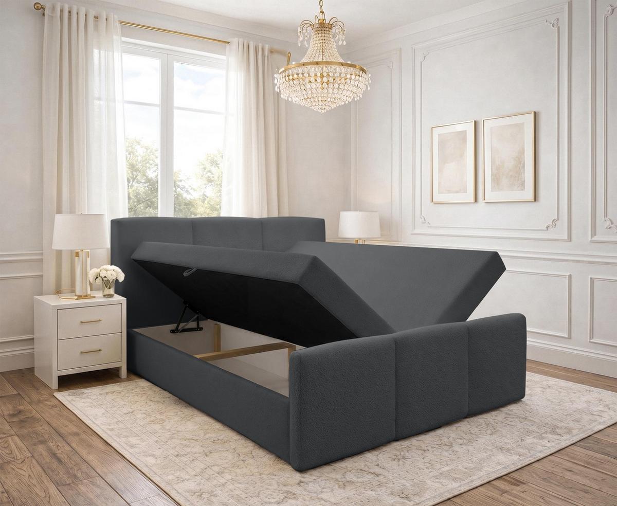 BOXBETT ANKARRA 140x200 cm mit Bettkasten und Matratze - Grau + TOPPER - Schwarz/Grau, Holz/Holzwerkstoff (140/200cm) - AX Living