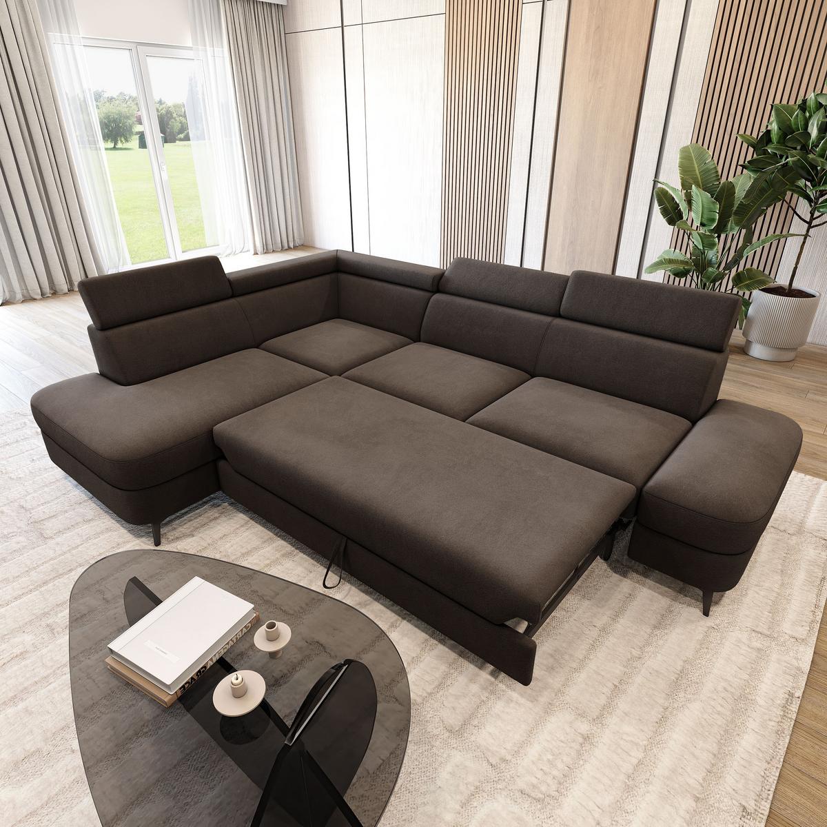 ECKSOFA AVISE MV L-S Braun Velours-Stoff mit Schlaffunktion - Braun, Holzwerkstoff/Textil (268/195cm) - MASSENO