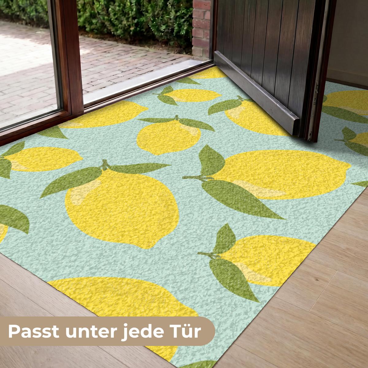 FUSSMATTE Muster Zitronen - Gelb - Blau - Muster - Früchte Flurteppich 150x90 cm - Gelb, Kunststoff (150/0.4cm) - MuchoWow