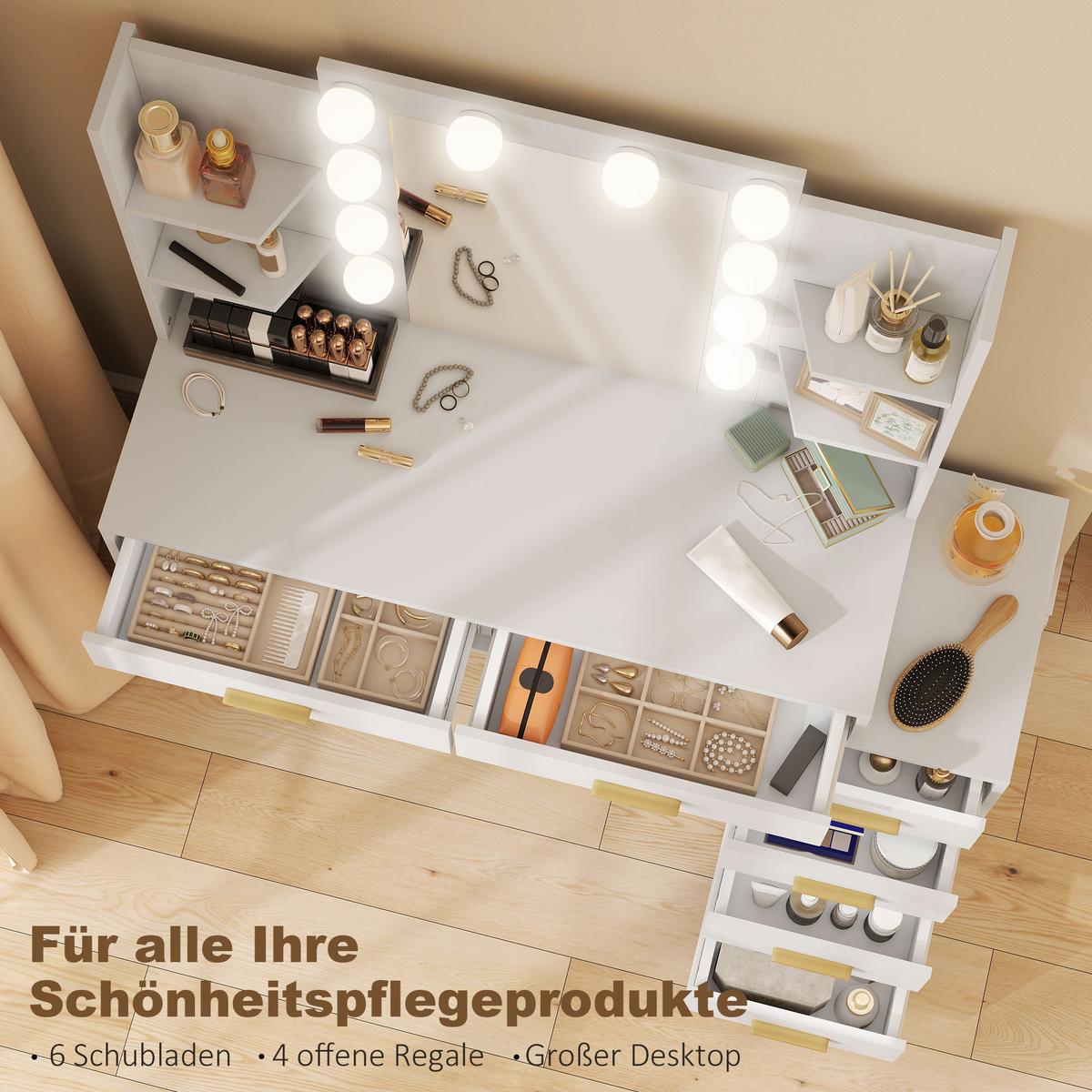SCHMINKTISCH mit Hocker MDF Glas Weiß - Goldfarben/Weiß, Holzwerkstoff/Metall (40/140/120cm) - HOMCOM