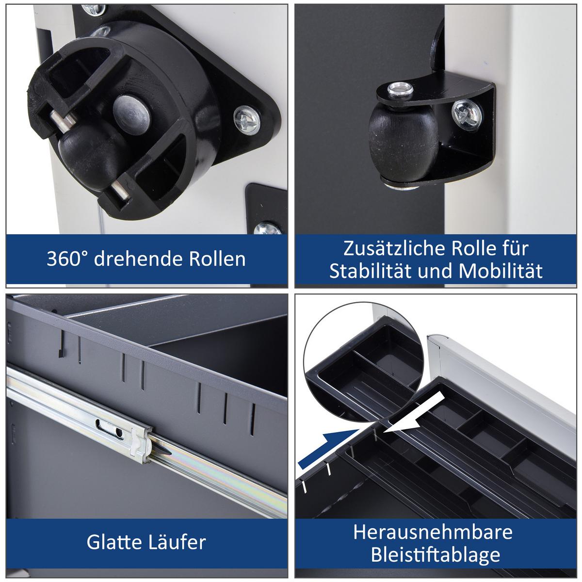 ROLLCONTAINER mobiler Aktenschrank mit 3 Schubladen Büroschrank Stahl Weiß - Weiß, Metall (48/59/39cm) - Vinsetto