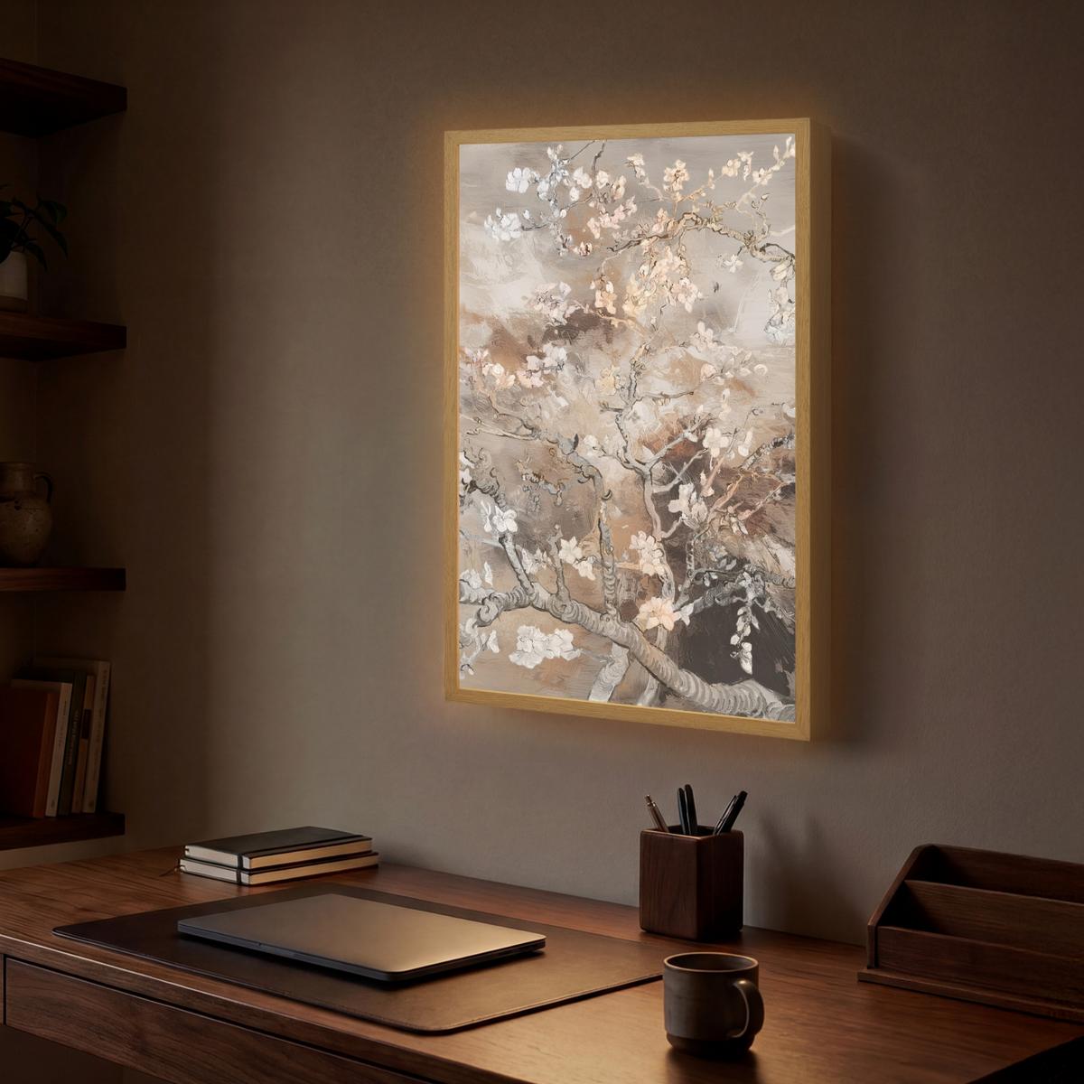 WANDLEUCHTE MIT AKKU Mandelblüte - Kunst - Van Gogh - Beige - Abstrakt 40x60 cm - Graubraun, Holzwerkstoff (40/60/8cm) - OnlyWow