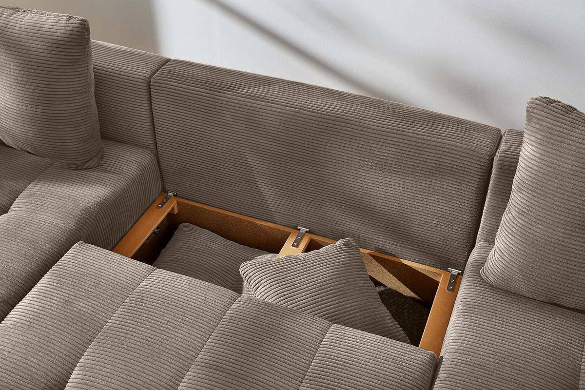 WOHNLANDSCHAFT mit Schlaffunktion und Bettkasten, spiegelverkehrt montierbar U-Form B313/T200/H92 cm, Cord Braun Taupe / 15219 - Eichefarben/Braun, Holz/Textil (313/92/200cm) - luma-home