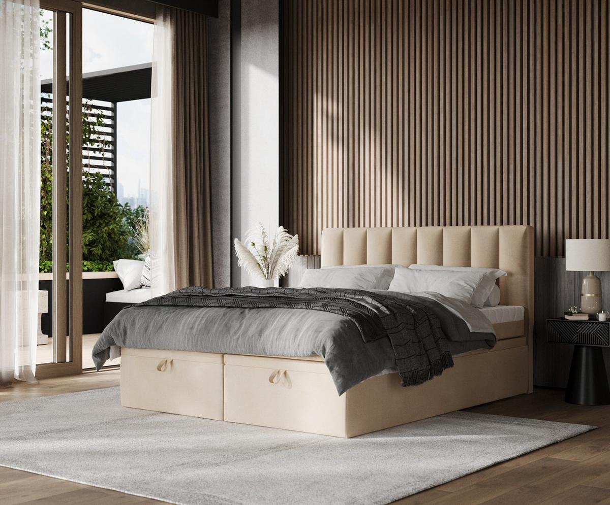 BOXBETT Lume 140/200 cm Beige im Kronos Stoff - Beige/Schwarz, Holz/Holzwerkstoff (140/200cm) - AltaBeds