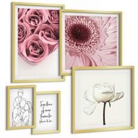 BILDER SET 5er Set - 50x50 cm & 20x30 cm & 40x60 cm Goldrahmen - Rosensträuße als Familienzeichnung - Goldfarben, Kunststoff (40/60cm) - TULUP