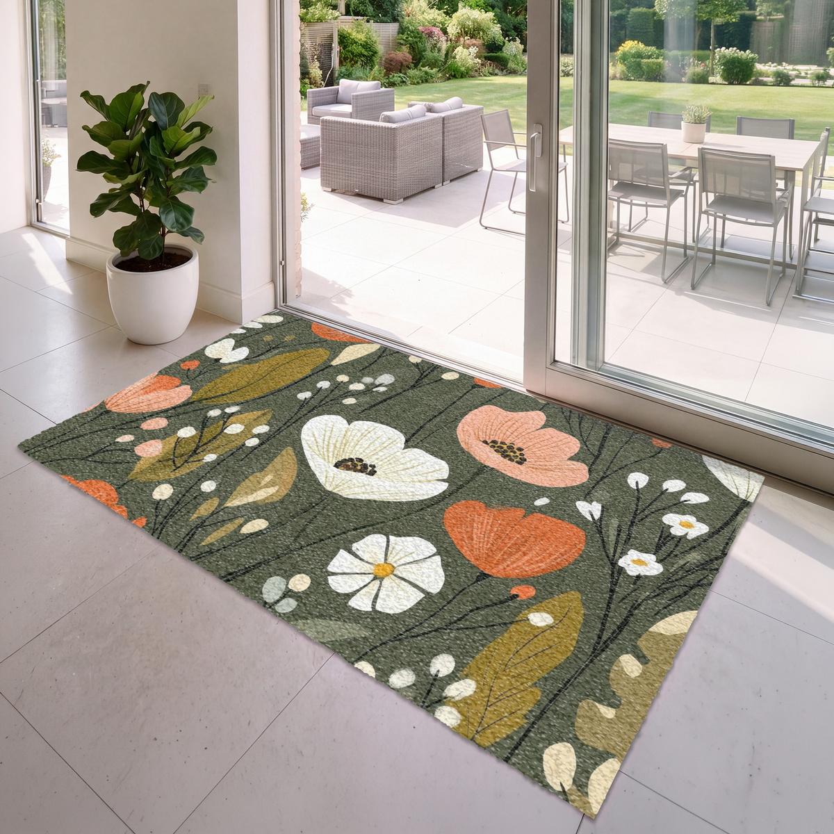 FUSSMATTE Blumen - Illustration - Grün Flurteppich 180x120 cm - Dunkelgrün, Kunststoff (180/0.4cm) - MuchoWow