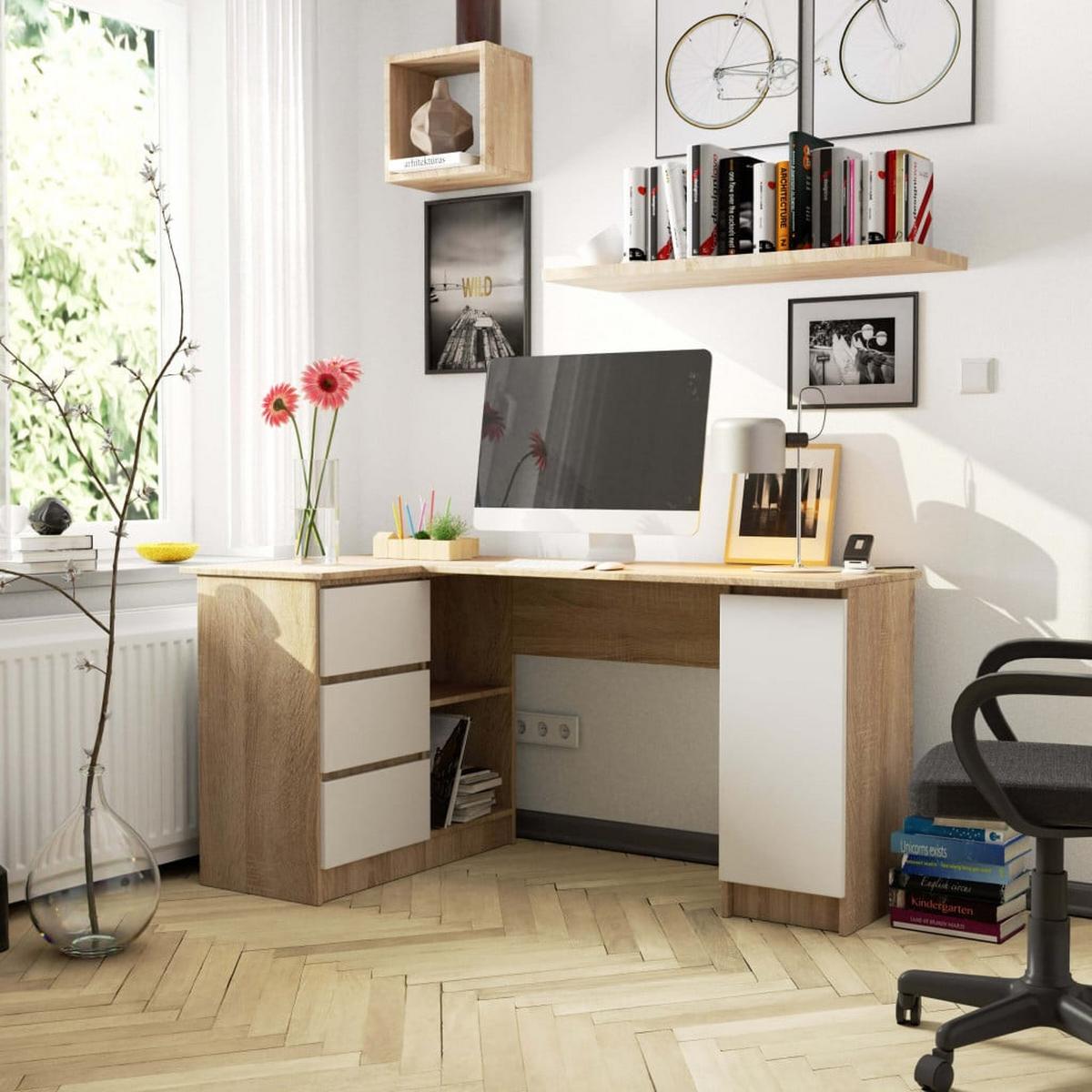 SCHREIBTISCH Eiche Sonoma, Weiß 77/155/85 - Weiß, Holzwerkstoff (124/85/77cm) - RAUMHIRSCH FURNITURE