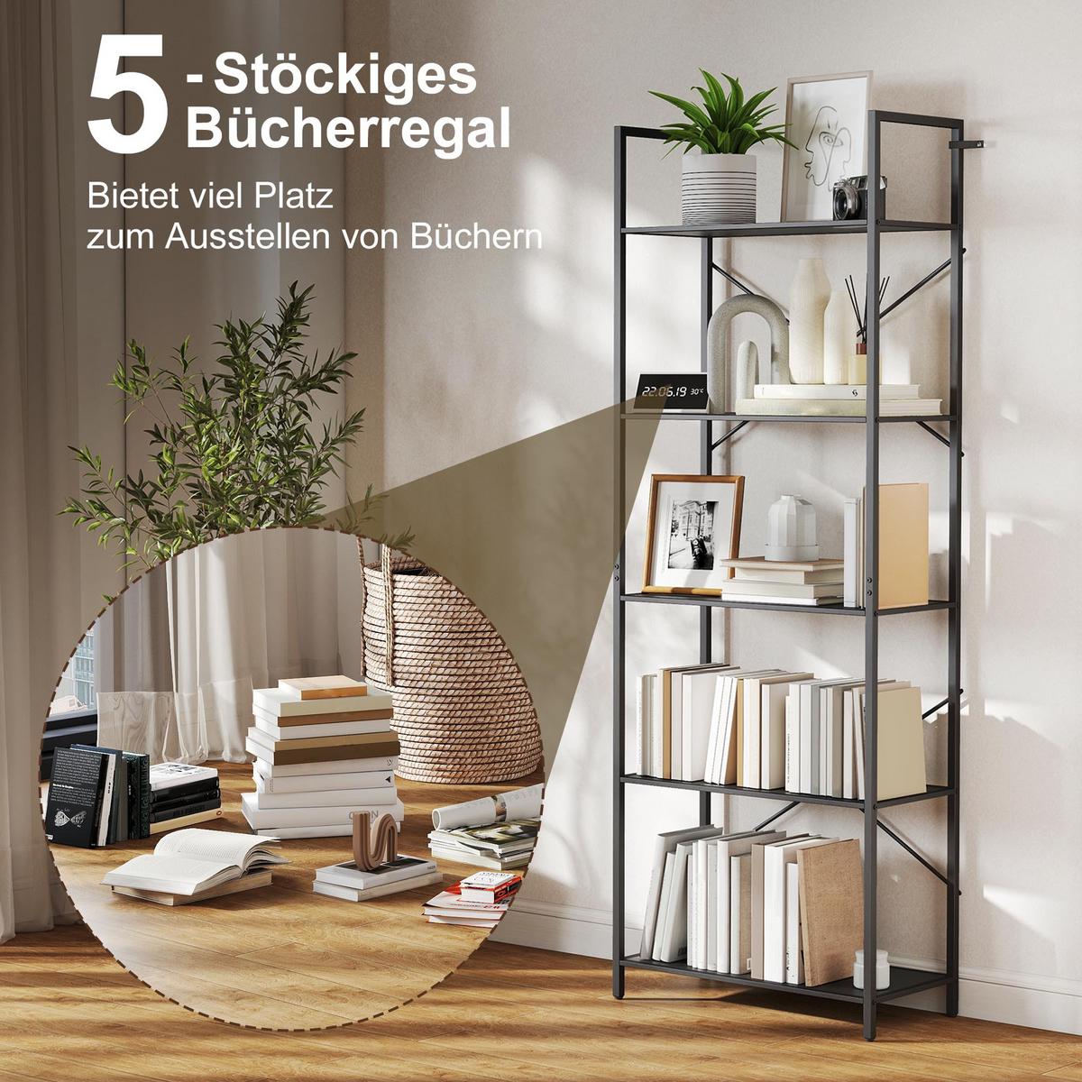 BÜCHERREGAL Standregal mit 5 Ebenen Büroregal Schwarz - Schwarz, Metall (30/170.5/60cm) - HOMCOM