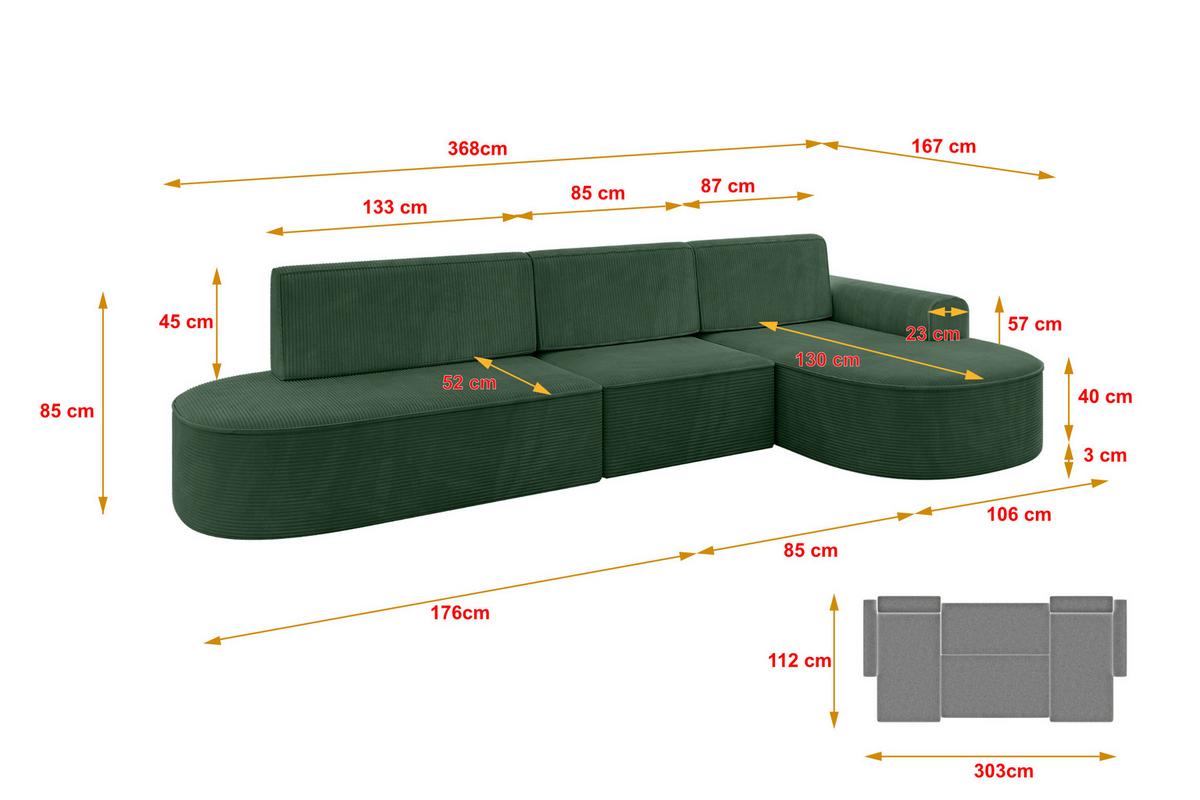ECKSOFA mit Schlaffunktion Ottomane RECHTS MARI L2-S 368X167X85 Grün Cord - Dunkelgrün/Schwarz, Holzwerkstoff/Kunststoff (167/368cm) - ALTDECOR