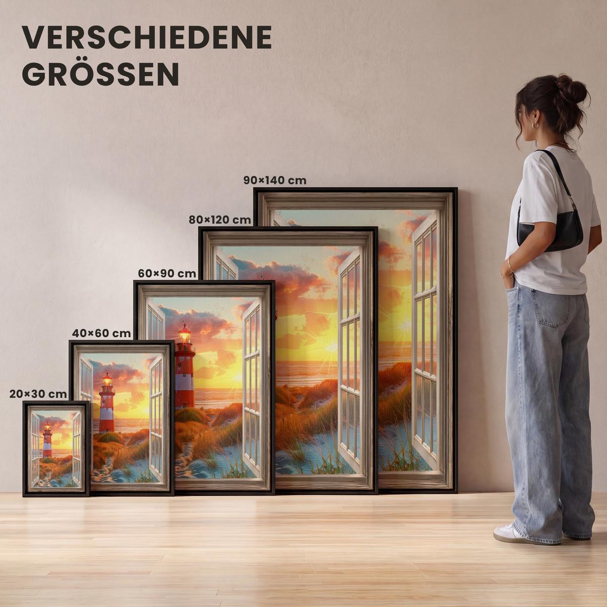 LEINWAND Bilder mit Rahmen - Aussicht - Fenster - Leuchtturm - Sonnenuntergang - Strand - 20x30 - Dunkelorange, Textil (20/30cm) - MuchoWow