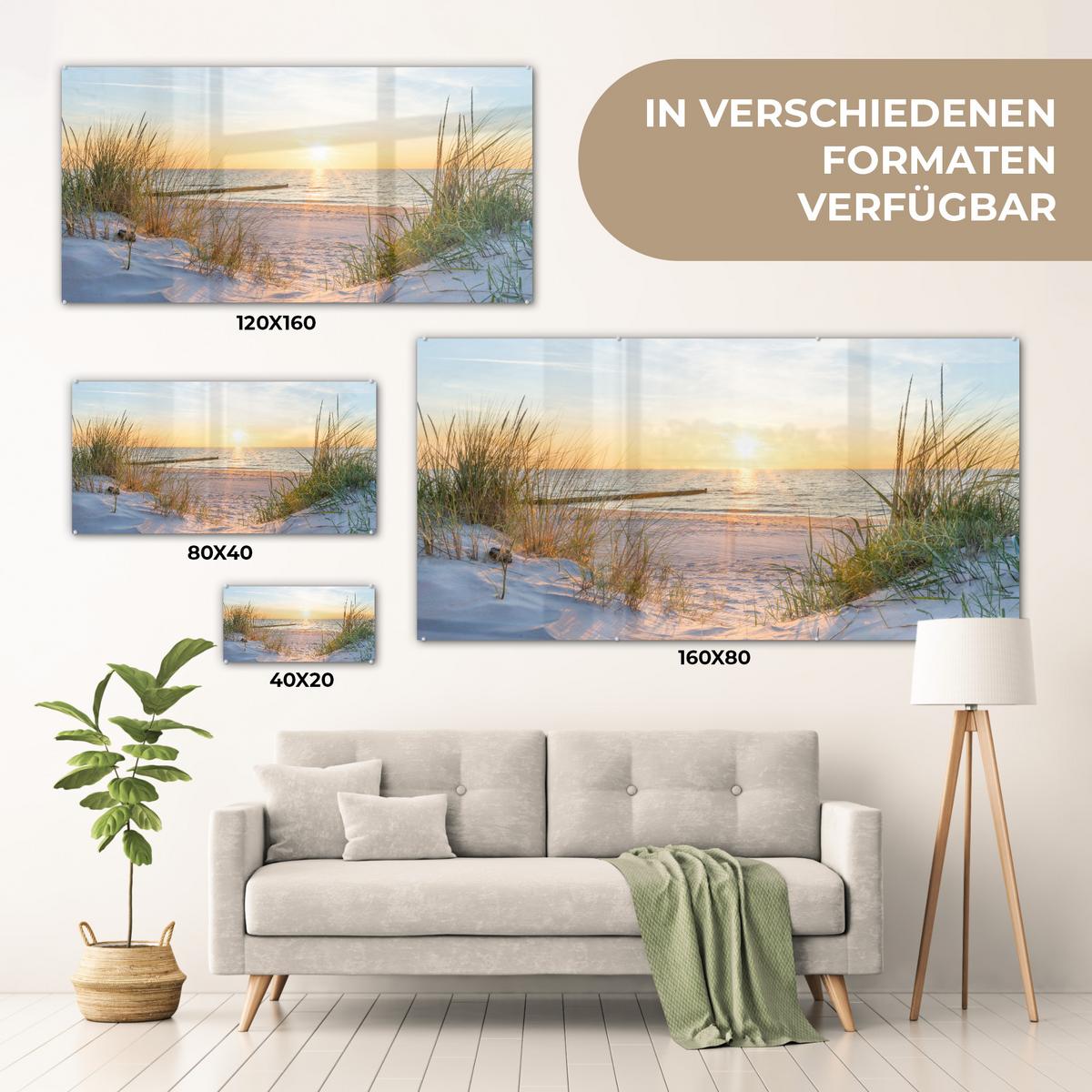 ACRYLGLASBILD Strand - Sonne - Düne - Gras - Sand - Horizont 120x60 cm - Hellblau, Glas (120/60cm) - MuchoWow