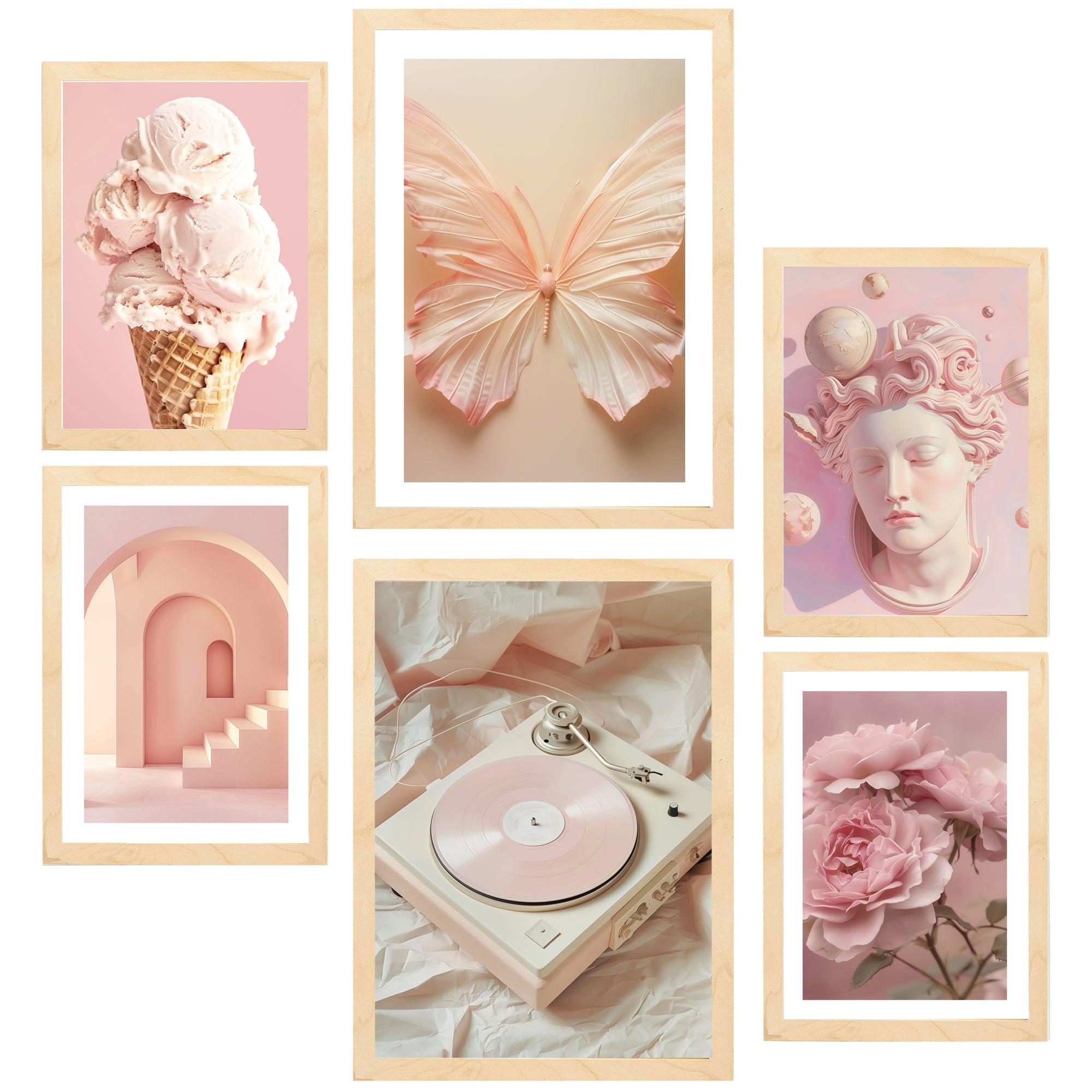 POSTER Set Mit 6 Pinke Kollektion Für Power A3 & A4 Rahmen Aus Hellem Holz - Beige, Papier (29/3cm) - Nacnic