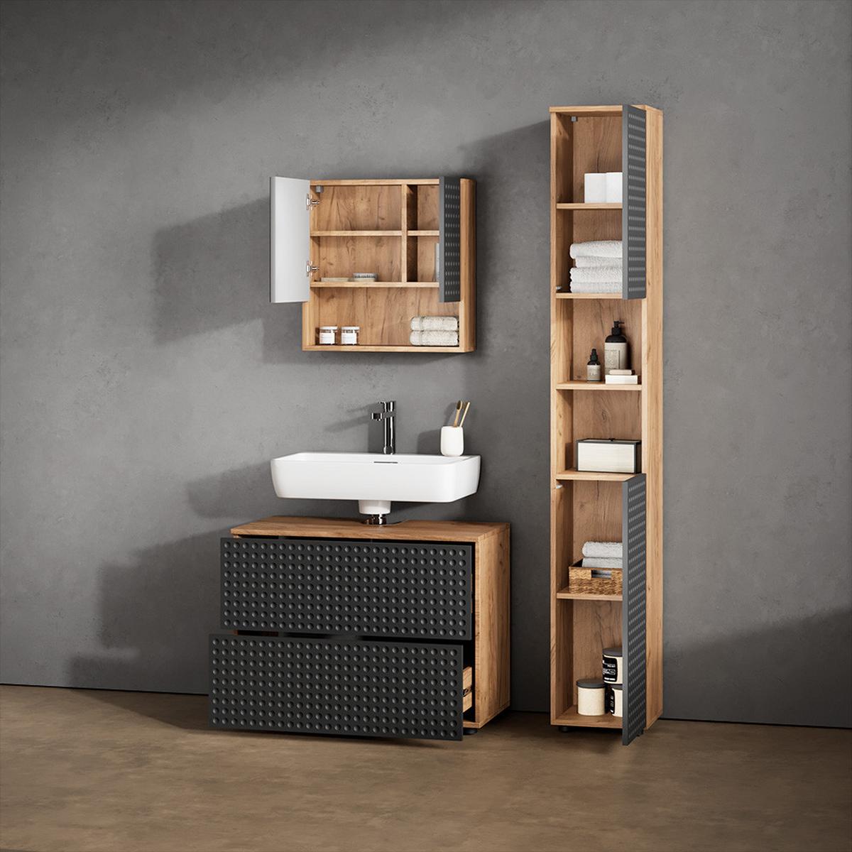 BADSPIEGELSCHRANK Ronco Anthrazit gepunktet 54 x 55 cm - Anthrazit, Holzwerkstoff (54/55/17cm) - Livinity®