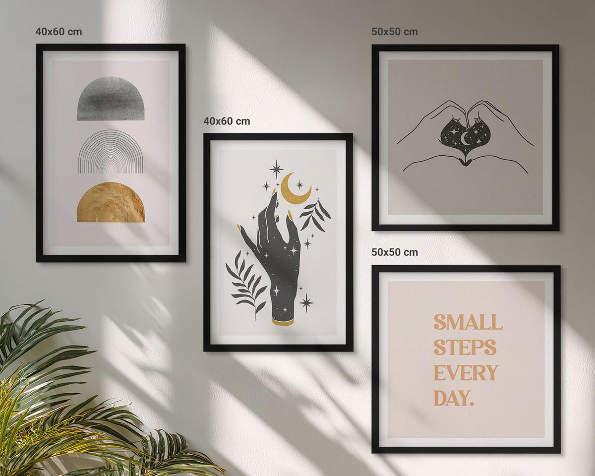 BILDER SET 4er Set - 50x50 cm & 40x60 cm Schwarzer Rahmen - Minimalistische Boho-Illustrationen - Schwarz, Kunststoff (50/50cm) - TULUP