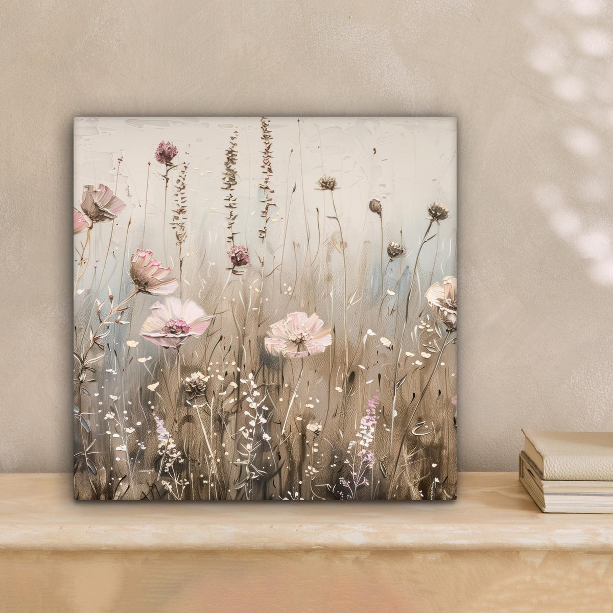 LEINWANDBILD Blumen - Rosa - Modern - Beige Deko Wohnzimmer 20x20 cm - Beige, Textil (20/20cm) - MuchoWow