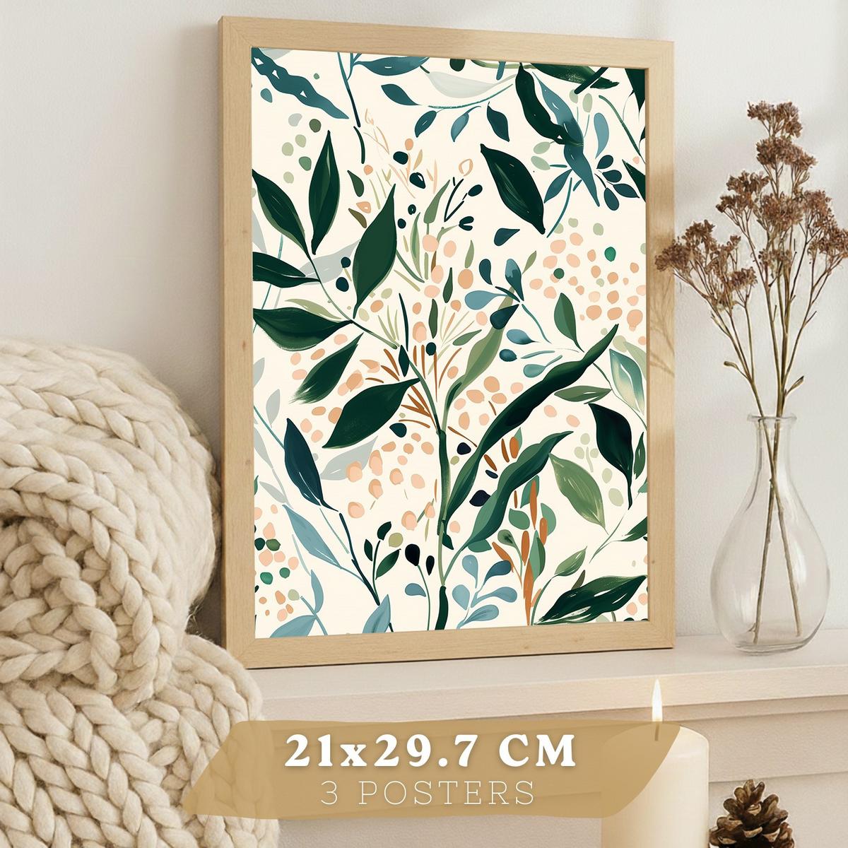 POSTER 3er-Set Wandbilder Floral Landschaft modern Wohnzimmer Deko, Schlafzimmer, Küche, Badezimmer Leichter Holzrahmen A4 - Beige, Papier (29.7/1/21cm) - Nacnic