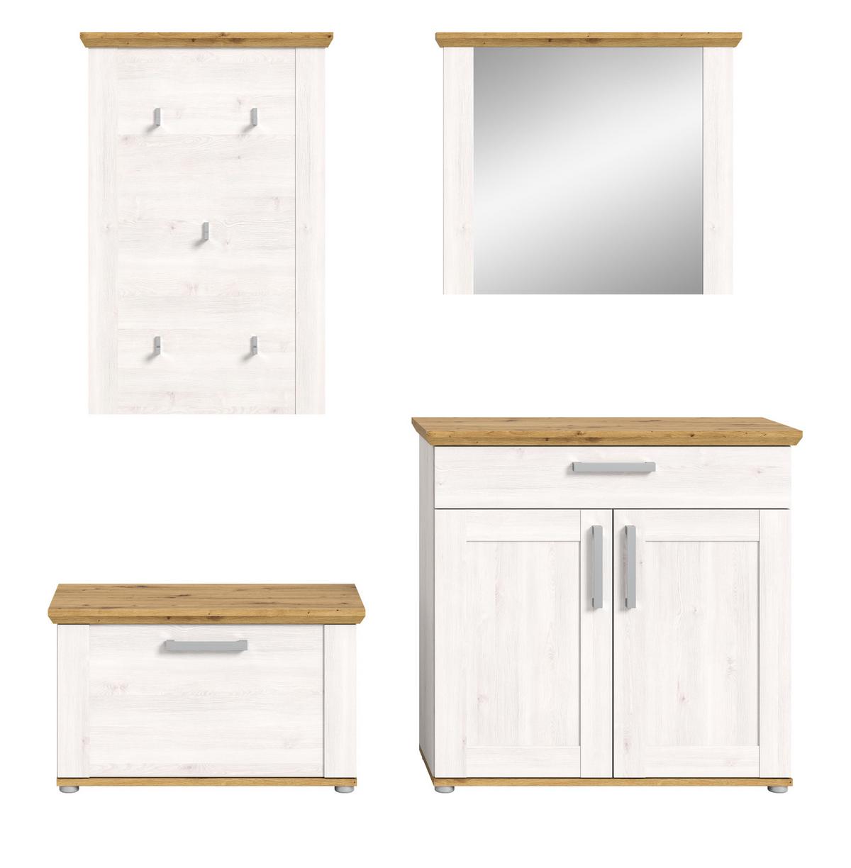 GARDEROBE Set 4-teilig weiß Lärche 190 cm, Komplettset im Landhaus-Stil - Silberfarben/Weiß, Glas/Holzwerkstoff (190/196/39cm) - Inn.Furn