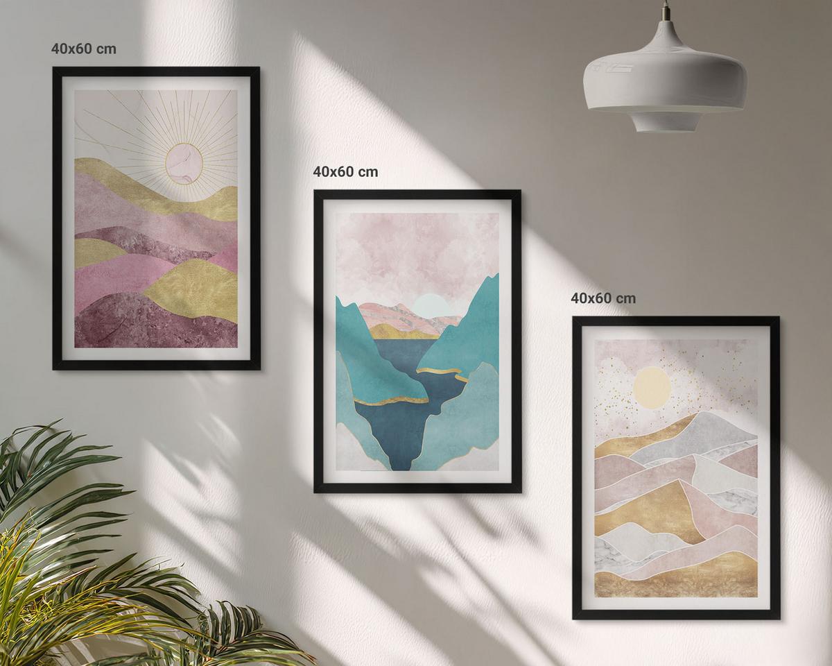 BILDER SET 3er Set - 40x60 cm Schwarzer Rahmen - Abstrakte Berge Sonne - Schwarz, Kunststoff (40/60cm) - TULUP