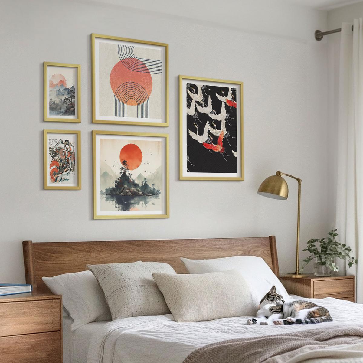BILDER SET 5er Set - 50x50 cm & 20x30 cm & 40x60 cm Goldrahmen - Asiatische Landschaften Japandi - Goldfarben, Kunststoff (40/60cm) - TULUP