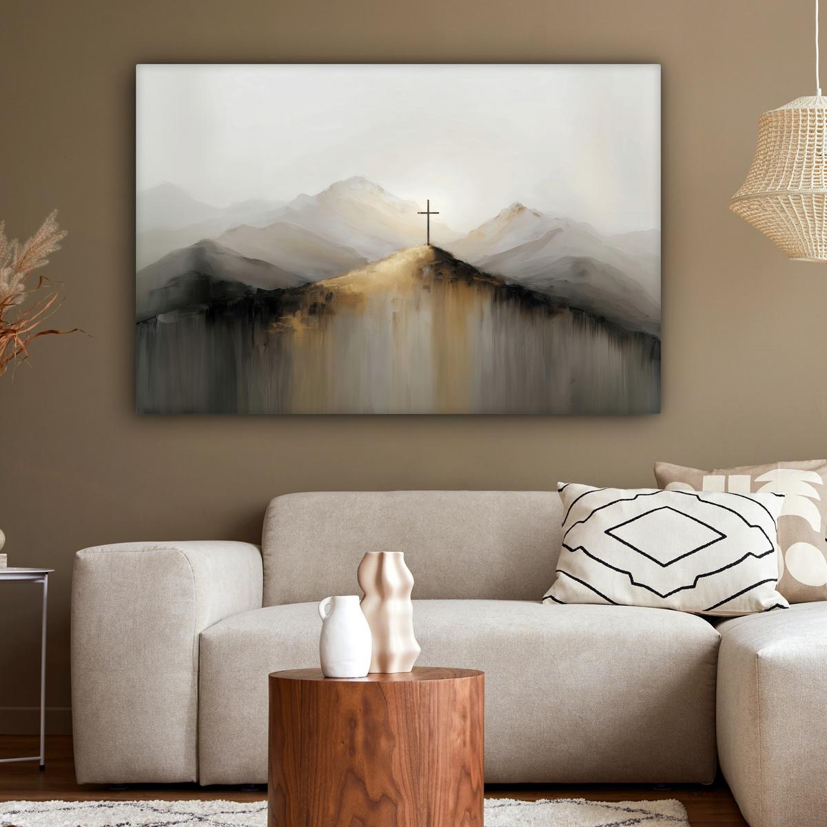 LEINWANDBILD Hügel - Abstrakt - Kreuz - Christentum Wohnzimmer Groß 120x80 cm - Beige, Textil (120/80cm) - MuchoWow