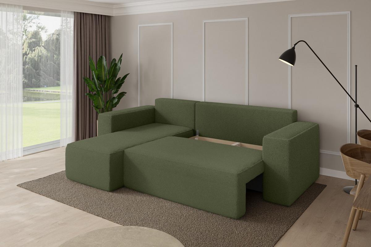 ECKSOFA mit Schlaffunktion Ottomane Links SENO-L 249x139x85 Grün Bouclé - Schwarz/Olivgrün, Holzwerkstoff/Kunststoff (249/139cm) - ALTDECOR