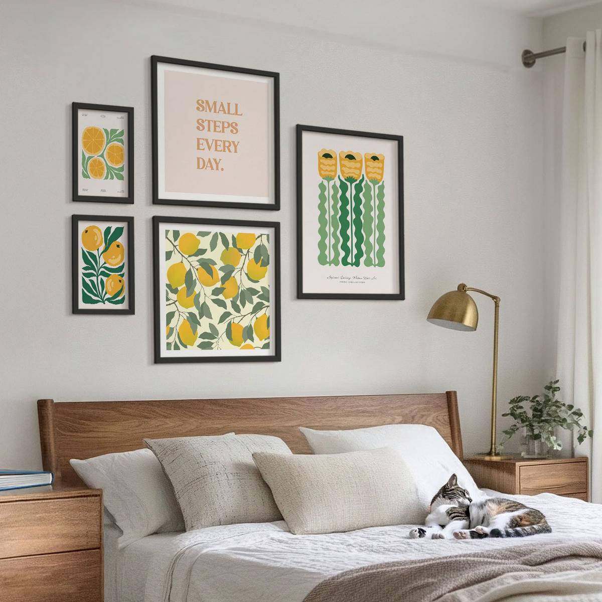 BILDER SET 5er Set - 50x50 cm & 20x30 cm & 40x60 cm Schwarzer Rahmen - Pflanzenmuster mit Blumen - Schwarz, Kunststoff (40/60cm) - TULUP