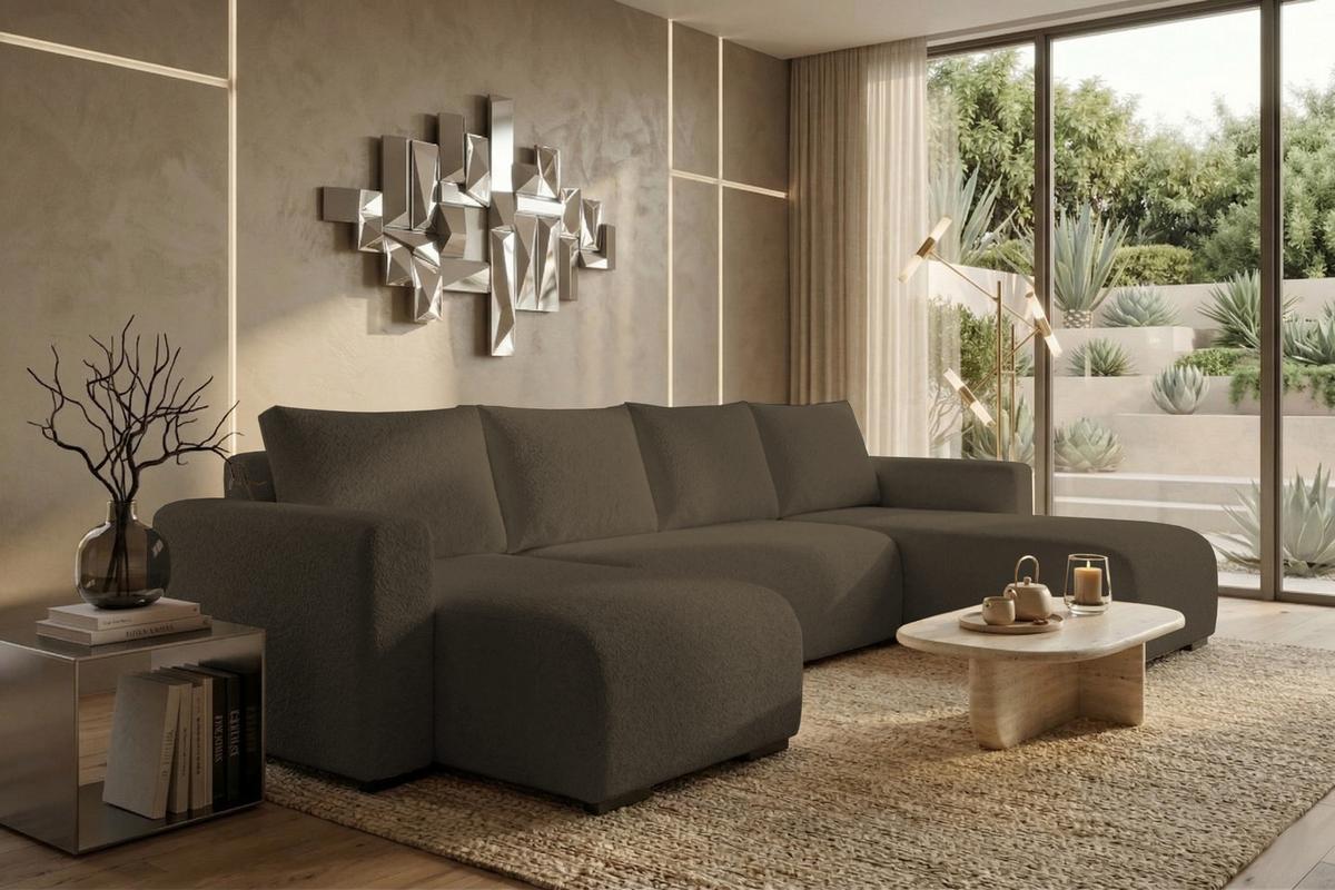 WOHNLANDSCHAFT DORA U mit Bettkasten und Schlaffunktion, U-Form, bequem - Dunkelbraun, Textil (305/85/140cm) - Storez24