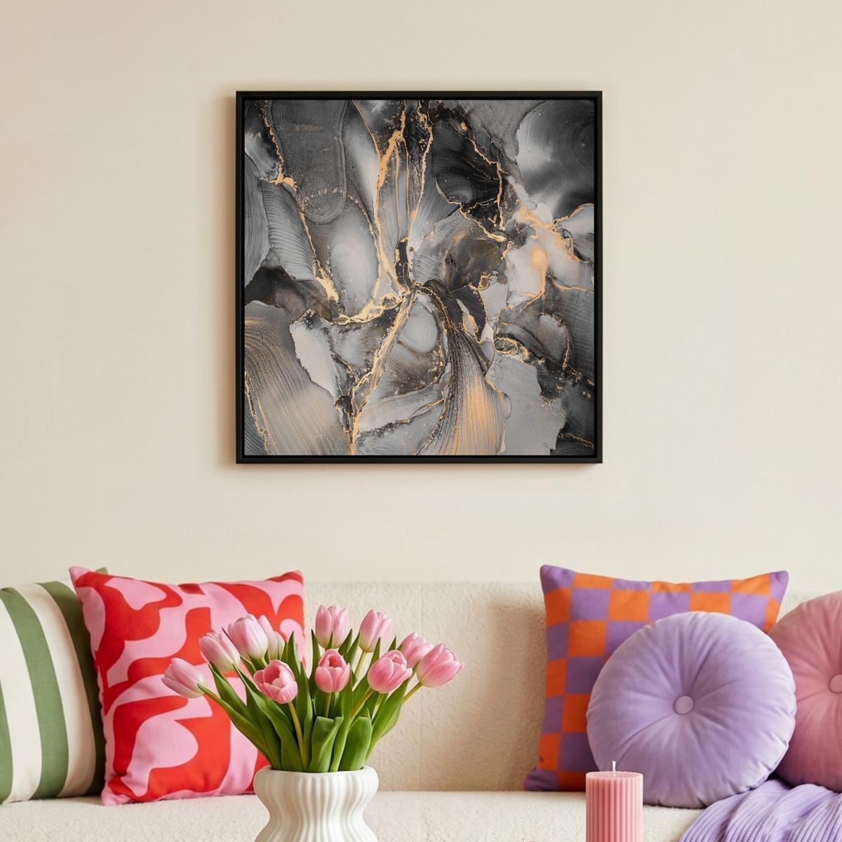 LEINWAND Bilder mit Rahmen - Grau - Luxus - Gold - Marmor - 50x50 - Dunkelgrau, Textil (50/50cm) - MuchoWow