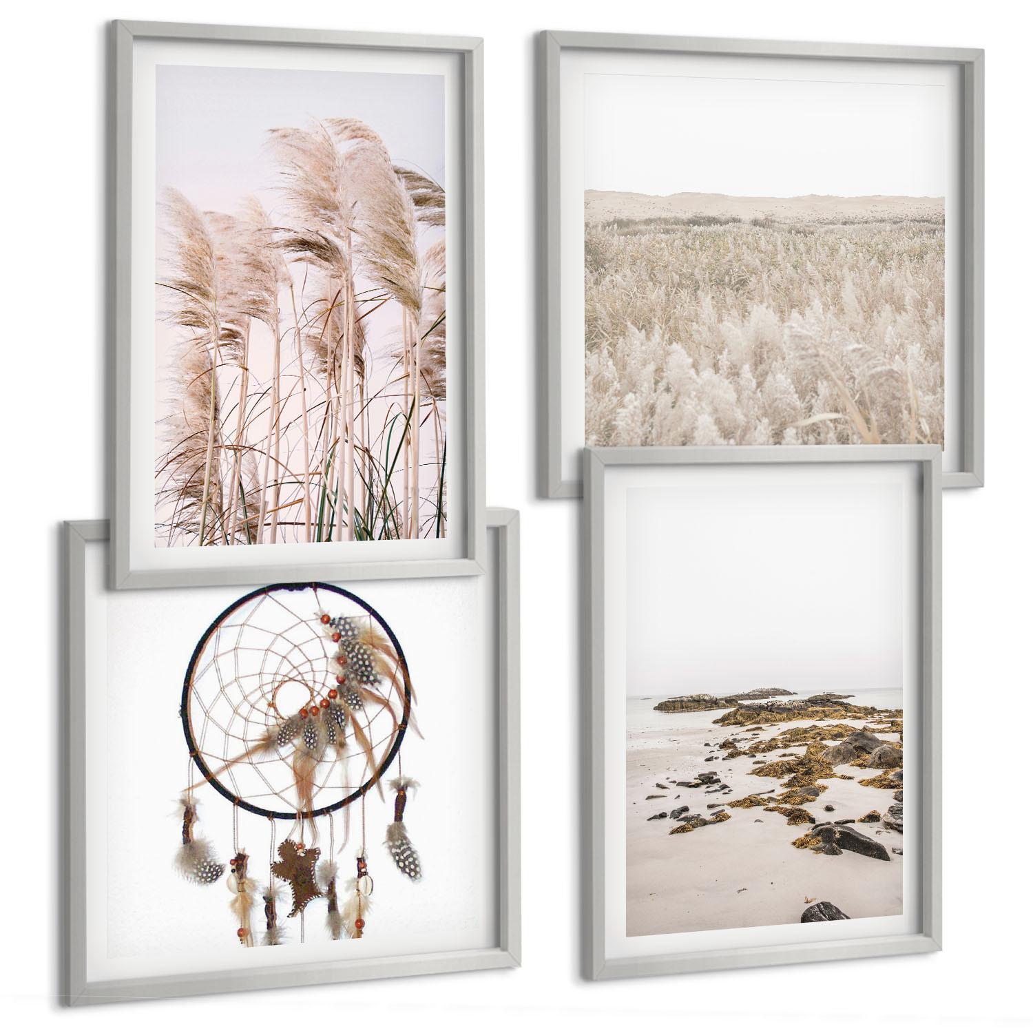 BILDER SET 4er Set - 50x50 cm & 40x60 cm Silberner Rahmen - Wiesen, Strand, Boho-Stil - Silberfarben, Kunststoff (50/50cm) - TULUP