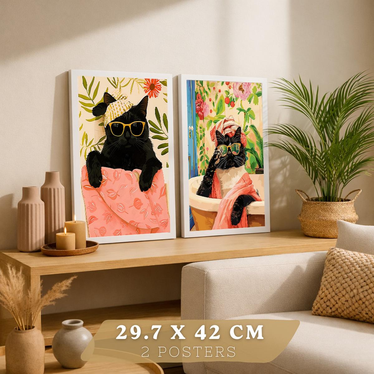 POSTER 2er Kunstdruck-Set Wandbilder Katzen Badezimmer modern Wohnzimmer Deko, Schlafzimmer, Küche Weißer Rahmen A4 - Weiß, Papier (29.7/1/21cm) - Nacnic