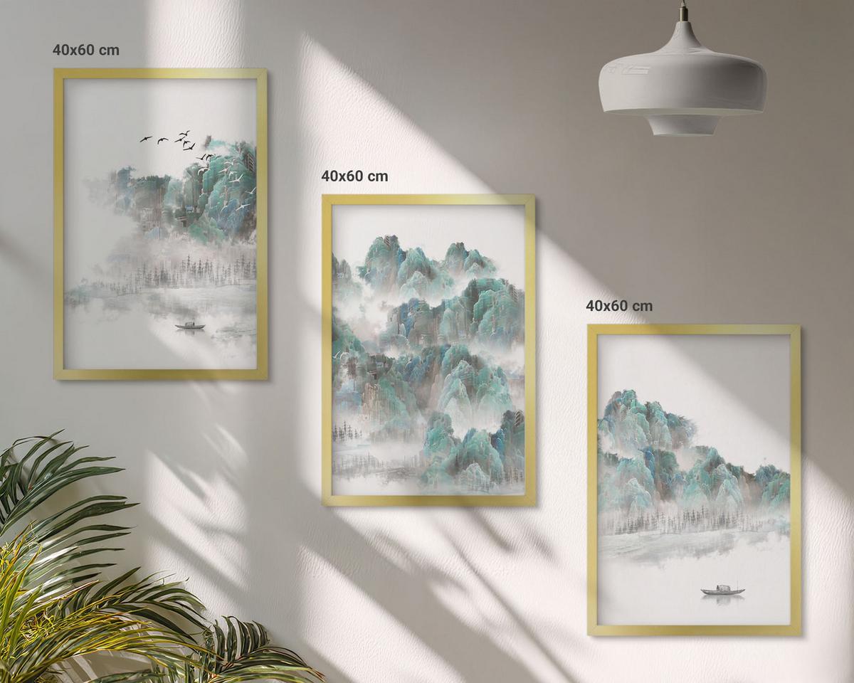 BILDER SET 3er Set - 40x60 cm Goldrahmen - Berge, Wolken, Vögel, Boot, Japandi - Goldfarben, Kunststoff (40/60cm) - TULUP