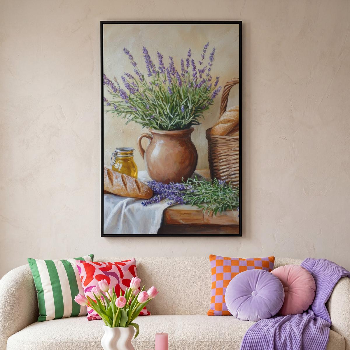 LEINWAND Bilder mit Rahmen - Lavendel - Brot - Stilleben - 80x120 - Flieder, Textil (80/120cm) - MuchoWow