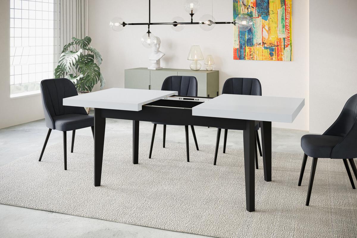RECHTECKIGER Esszimmertisch SKANDI, ausziehbarer Tisch, Größe: 140-180X80X78 cm, Wohnzimmertisch Farbe: Weiß, mit Holzbeinen in Farbe Schwarz - Schwarz/Weiß, Holzwerkstoff (140/80/78cm) - Alpi-Möbel