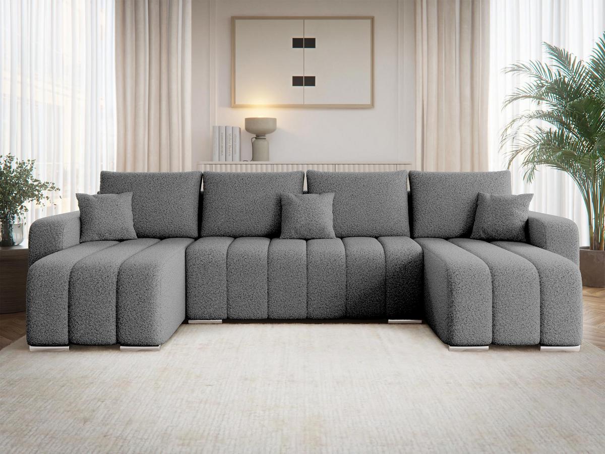 WOHNLANDSCHAFT Pufetto U Boucle - Silberfarben/Grau, Holz/Textil (313/86/147cm) - MIRJAN24