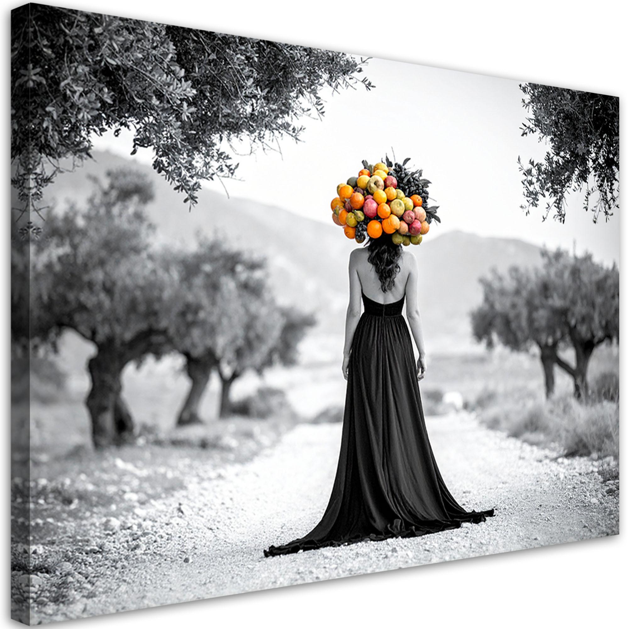 LEINWANDBILD Landschaft Frau mit Früchten auf dem Kopf 60x40cm - Schwarz, Textil (60/40cm) - Feeby