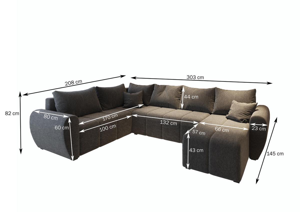 WOHNLANDSCHAFT MADISON XL R-S Hellgrau Dünner Stoff mit Schlaffunktion - Hellgrau/Schwarz, Holz/Kunststoff (303/82/208cm) - MASSENO