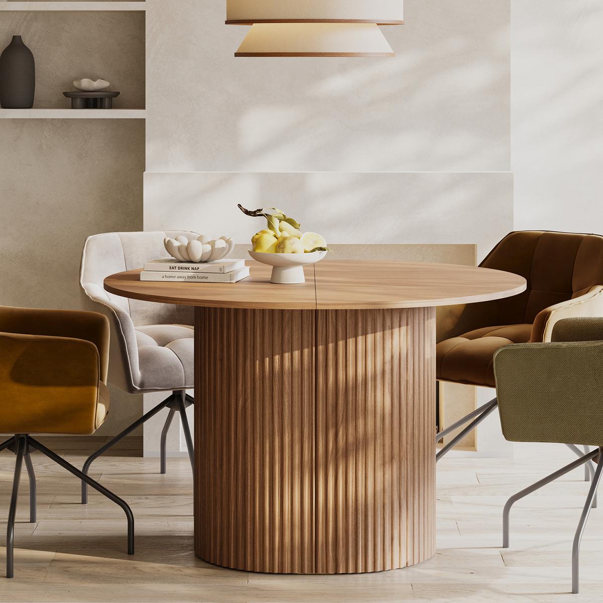 ESSTISCH Carlo, Runder ausziehbarer 120-220 cm, Walnuss - Walnussfarben, Holzwerkstoff (110/120/77cm) - Beautysofa