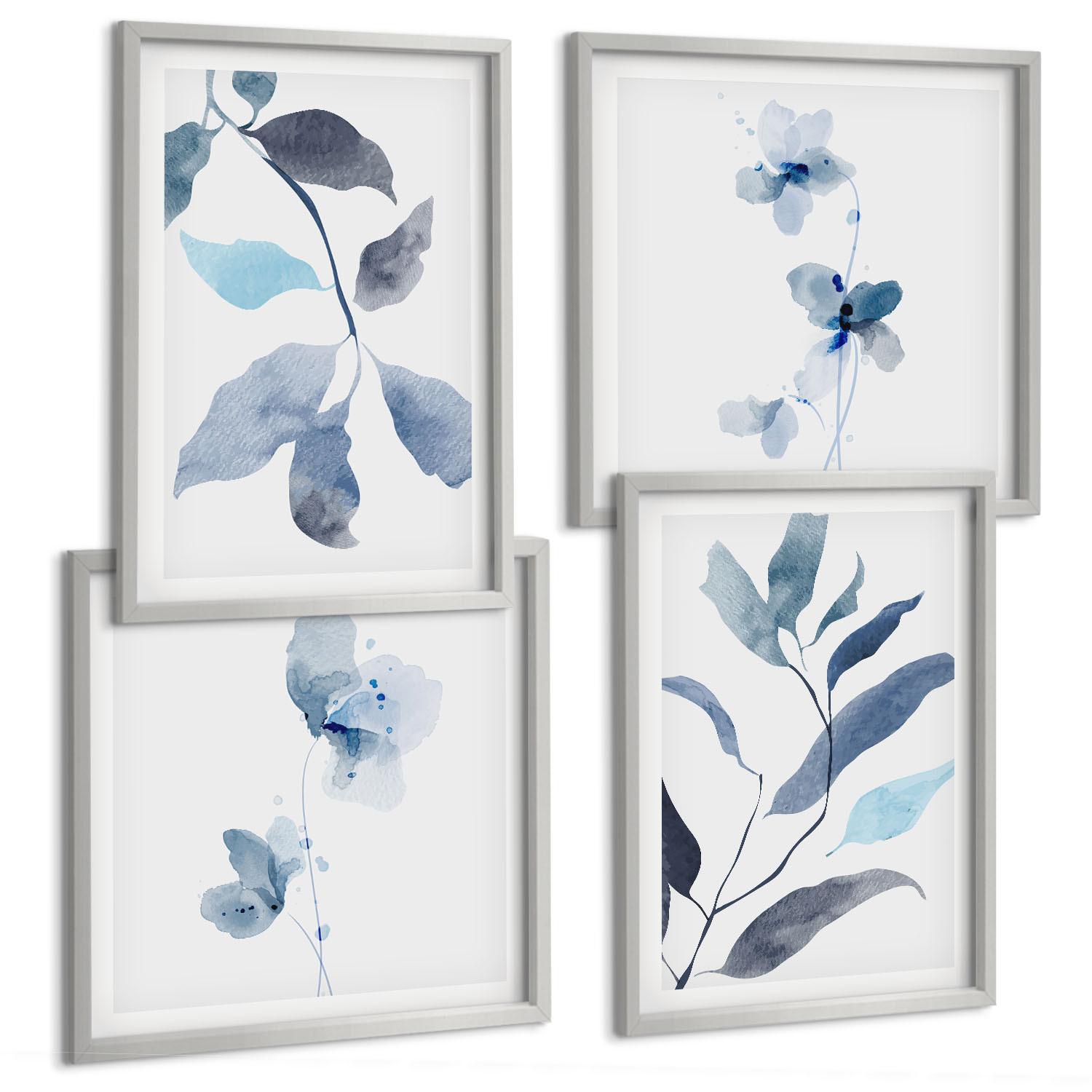 BILDER SET 4er Set - 50x50 cm & 40x60 cm Silberner Rahmen - Aquarell von blauen Blättern - Silberfarben, Kunststoff (50/50cm) - TULUP