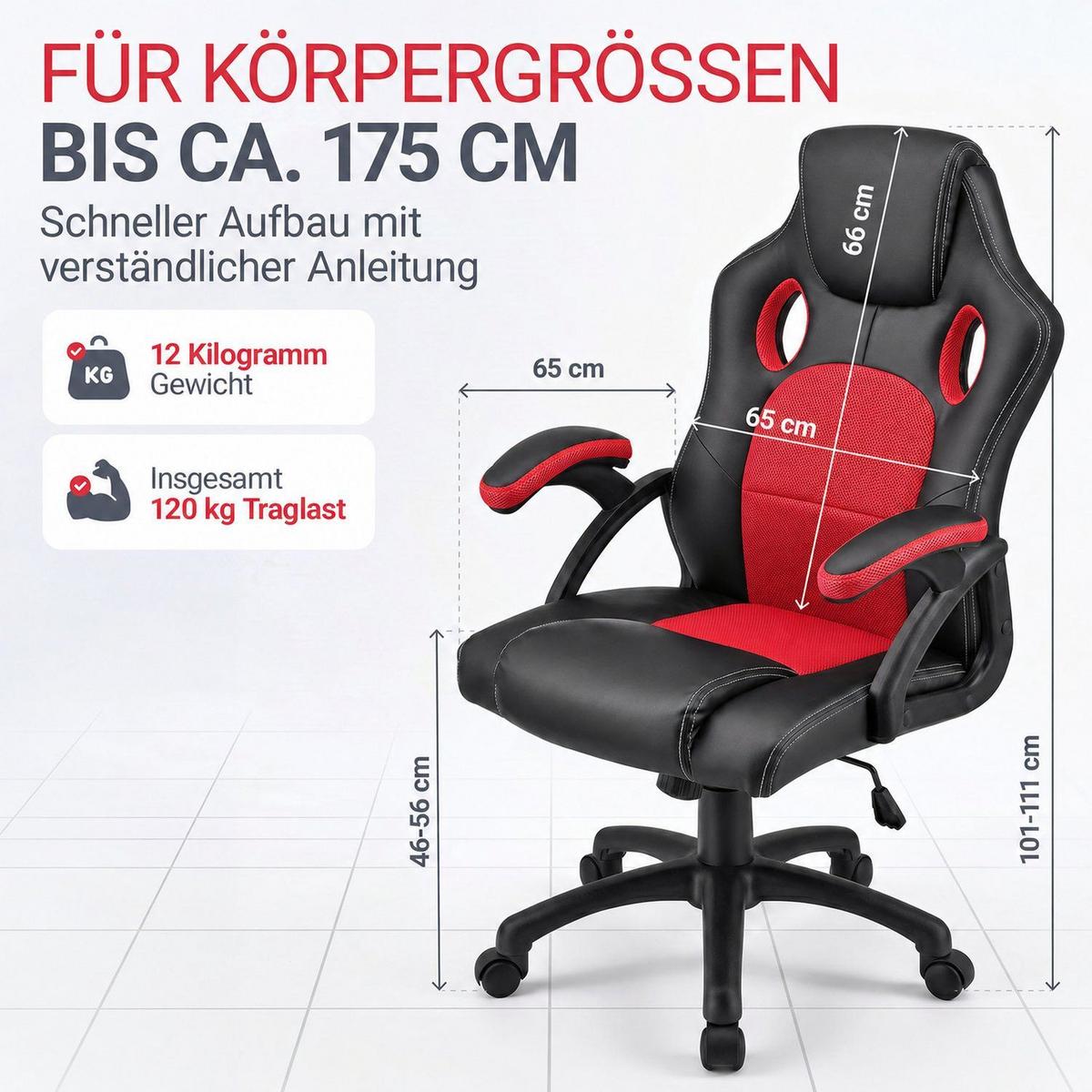 SCHREIBTISCHSTUHL Montreal rot - Rot, Textil (47/111/52cm) - Juskys